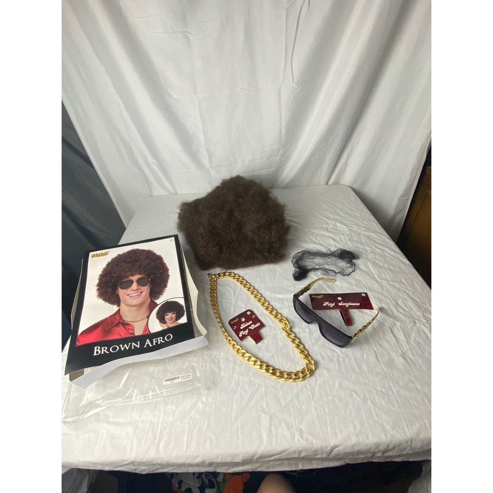 Brown Afro Wig Costume Set‎ Chain Sunglasses 70s Disco Halloween Party